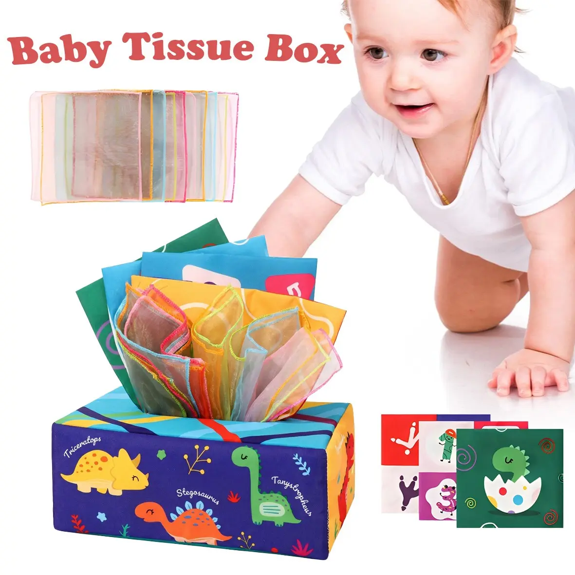 Baby Toys Newborn 6 to 12 Months - Tissue Box Toy Fun Montessori for Babies 6-12 Months, Soft Stuffed High Contrast Crinkle Infant Sensory Toys, Boys&Girls Kids Early Learning Gifts