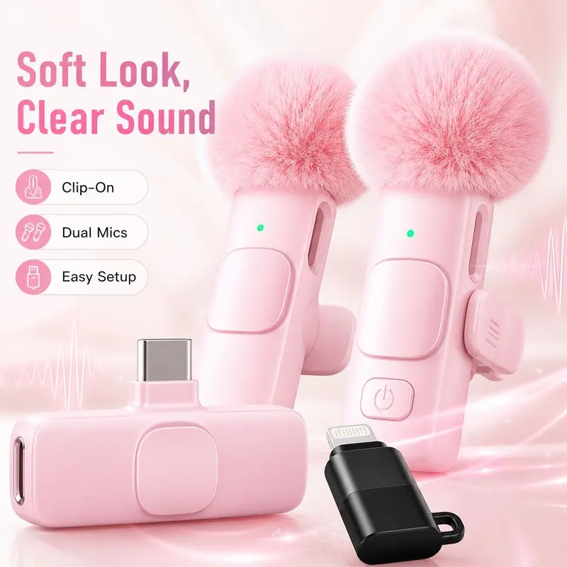 Wireless Lavalier Mic Set Portable Mic for Smartphones, 2 Pack USB-C Lapel Microphones with Included Adapter, Noise Reduction, Furry Windshields and Dual Voice Capture for Podcasts, Interviews, Live Streaming, Tutorials and Social Media Videos