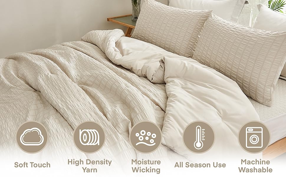Beige Seersucker Queen Comforter Set (90x90 inches), 3 Pieces-100% Soft Washed Microfiber Lightweight Comforter with 2 Pillowcases, All Season Down Alternative Comforter Set for Bedding