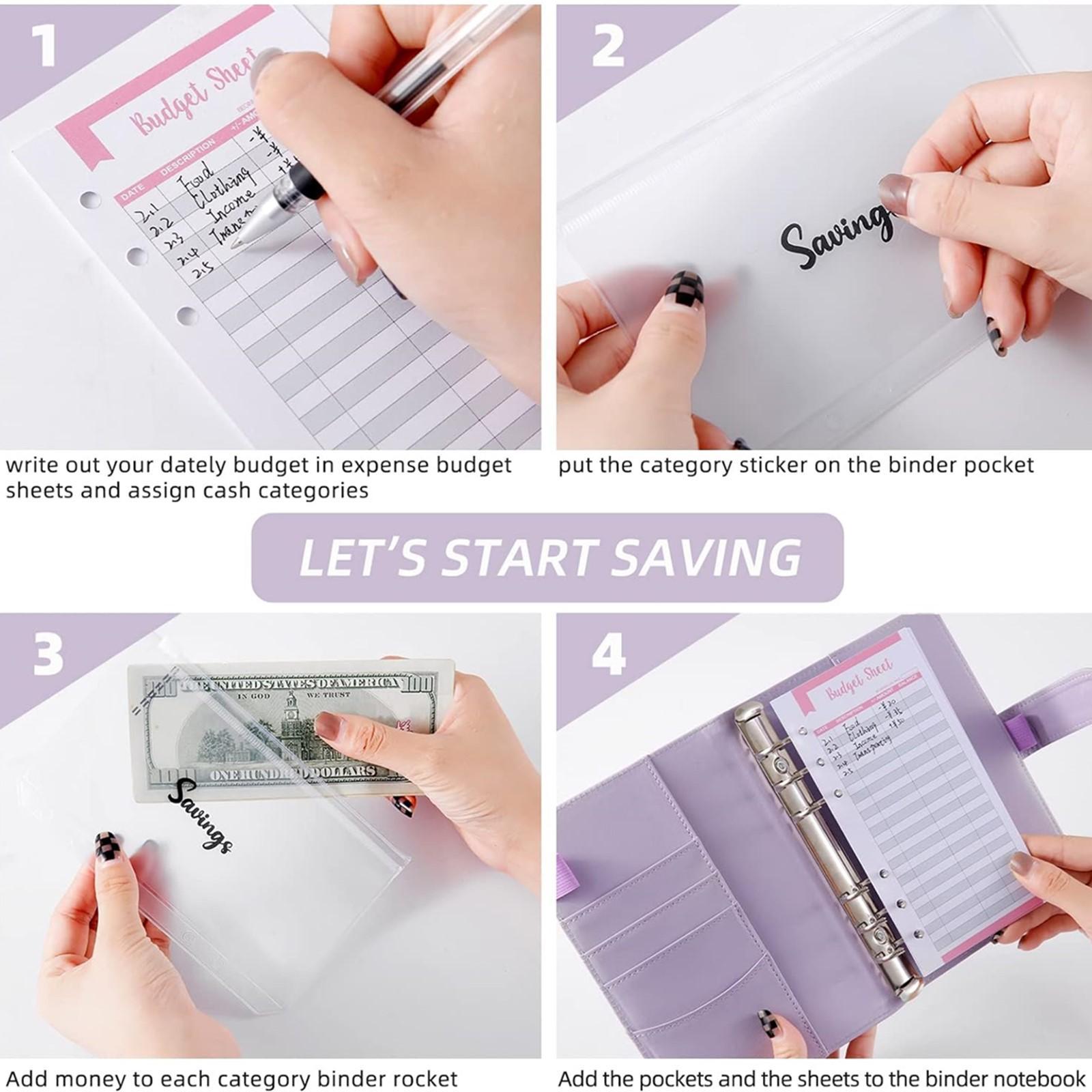 A6 Budget Binder Set, 1 Count Budget Planner with 2 Counts Personality Stickers & 12pcs Budget Sheets & 8 Counts Binder Pockets & 10pcs Multi-colored Labels, Stationery Supplies for Home School Office Dormitory