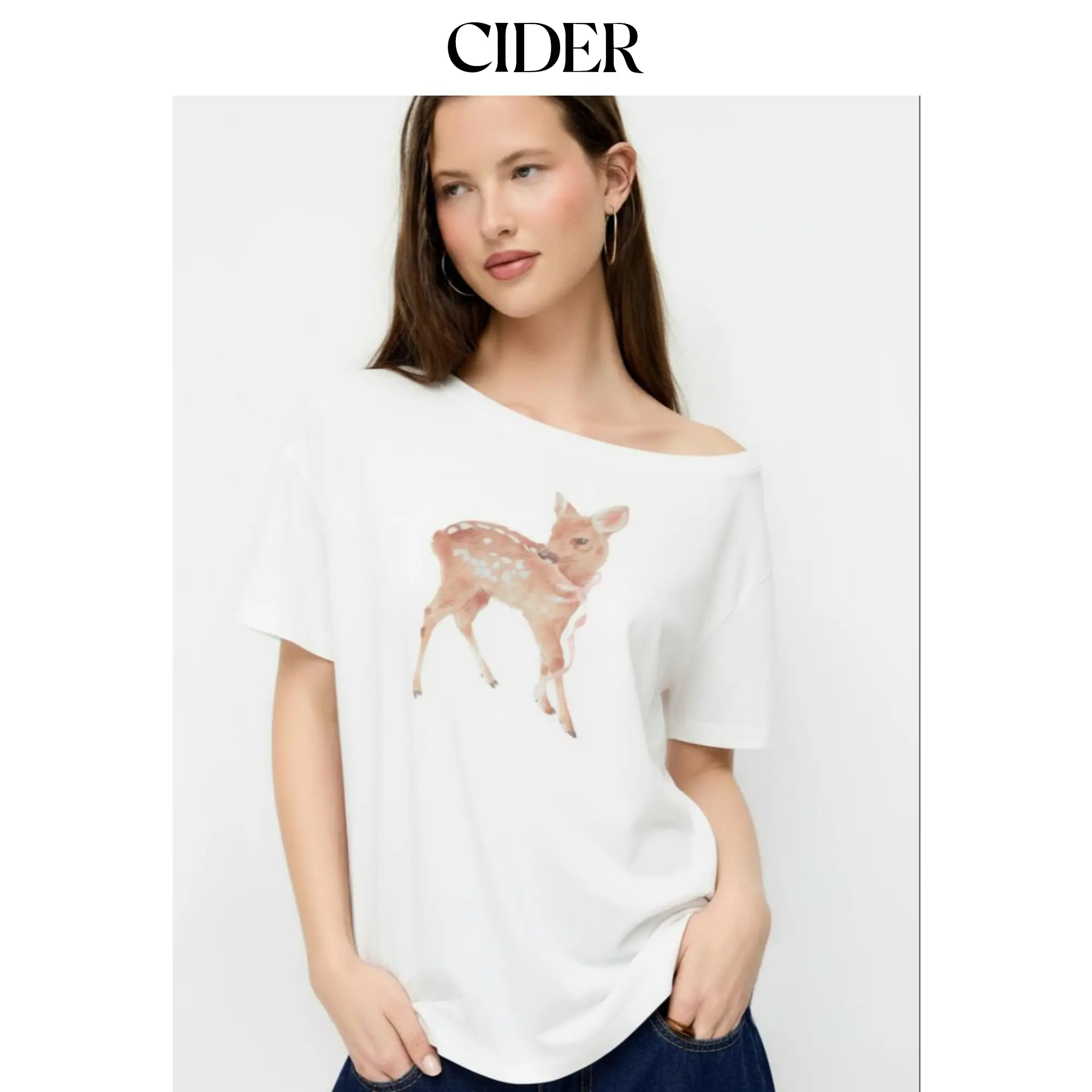 Cider Cotton-blend Deer Graphic Asymmetrical Neck Oversized Tee SummerWins SummerFinds