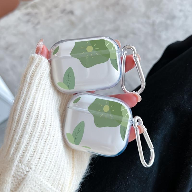 Green Flowers Pattern Protective Case for AirPods 4/3/2/1/Pro/Pro2 Soft TPU Earphone Cover, Transparent with Keychain