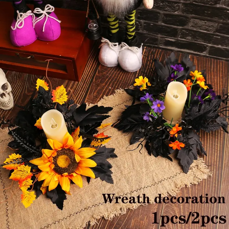 New Halloween Candle Holder Decoration Wreath Ring, Ghost Festival Realistic Sunflower Table Candle Scene Decorative Props