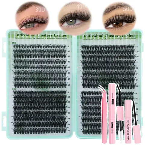 640pcs Fluffy D Curl False Lashes, Eyelash Falsies, Mixed Length, DIY Eyelash Cluster Extension Kit with Glue & Remover, Non-Toxic, Ideal for Daily Use, Gifts