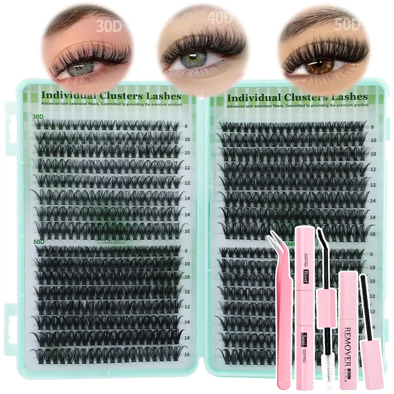 640pcs Fluffy D Curl False Lashes, Eyelash Falsies, Mixed Length, DIY Eyelash Cluster Extension Kit with Glue & Remover, Non-Toxic, Ideal for Daily Use, Gifts