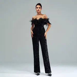 MISSORD Off Shoulder Feather Jumpsuits Womenswear Overalls Black Slight Stretch Back Zipper Padded