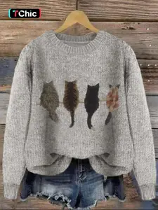 Women's Cat Print Drop Shoulder Soft Knitted Sweater, Casual Long Sleeve Round Neck Animal Print Jumper for Fall & Winter, Fashion Ladies' Knitwear for Daily Wear, Womenswear, Knitting Fit, Casual Loose Jumpers