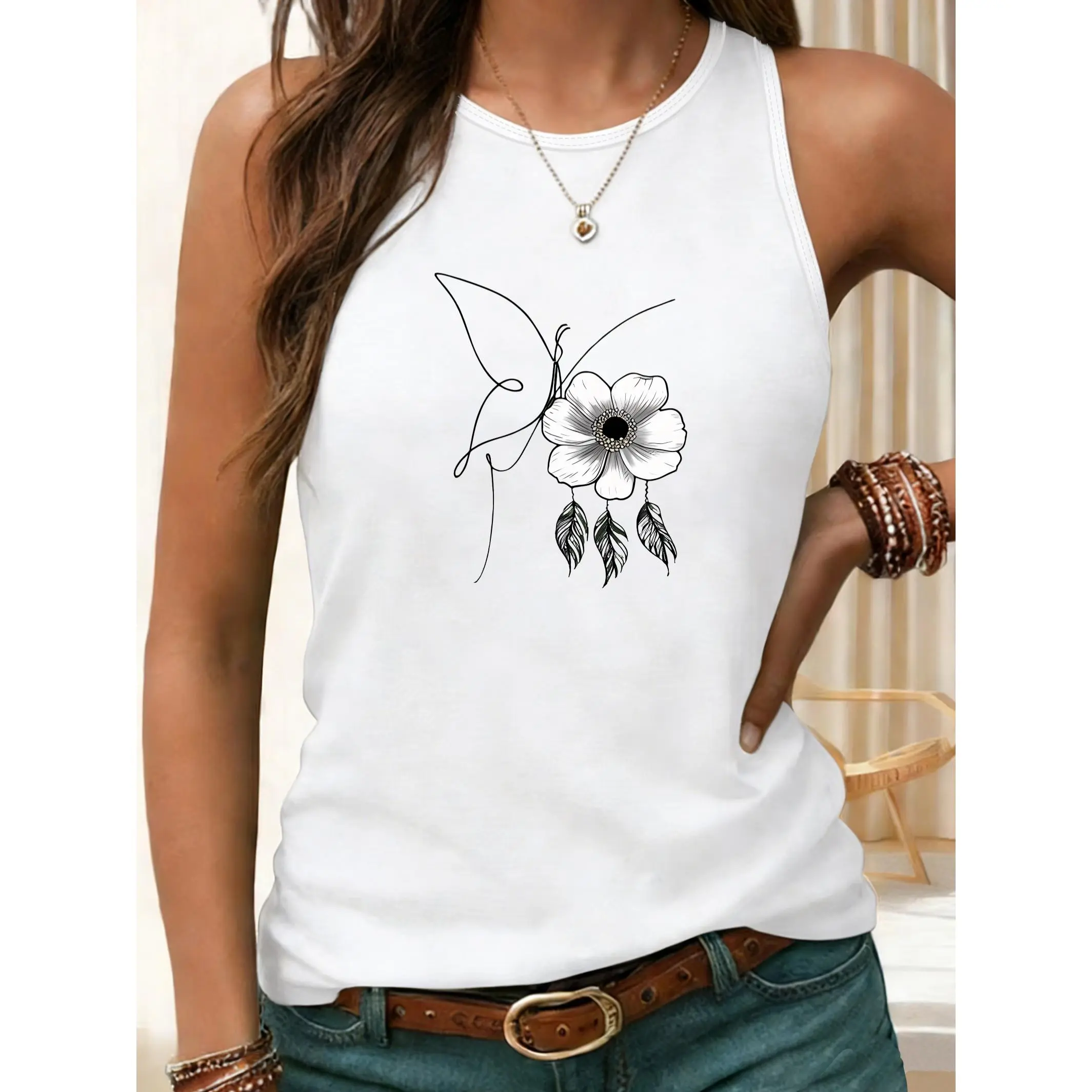 Minimal Single Line Art Butterfly Poppy Flower Feather Dreamcatcher Graphic Tank Top For Women, Boho Western Bohemian Aesthetic Sleeveless Casual Summer Tank Shirt, Soft Girly Cottagecore Daily Outfit