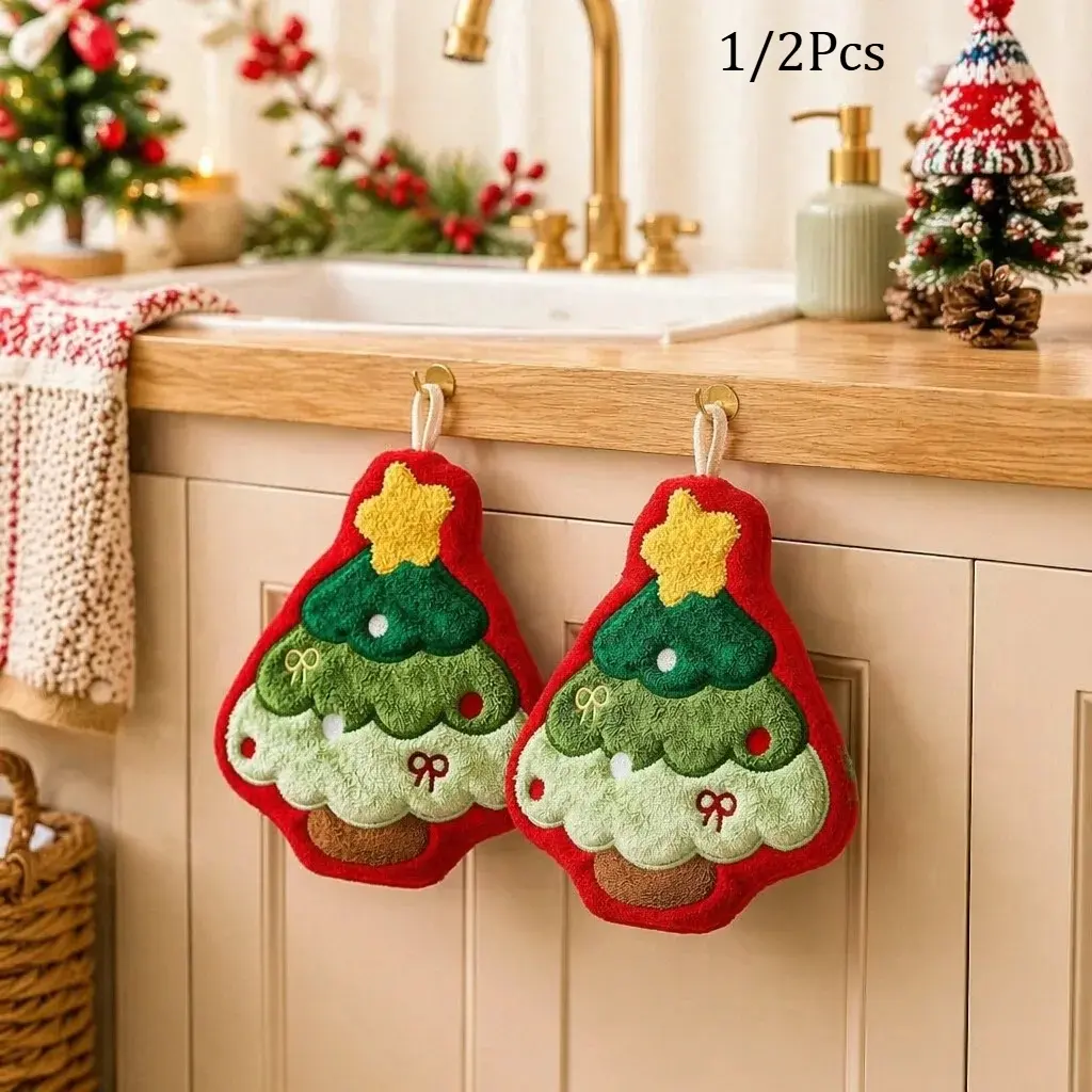 Christmas Hanging Hand Towels for Bathroom Christmas Tree Kitchen Towels with Loop Absorbent Soft Santa Gingerbread Decorative