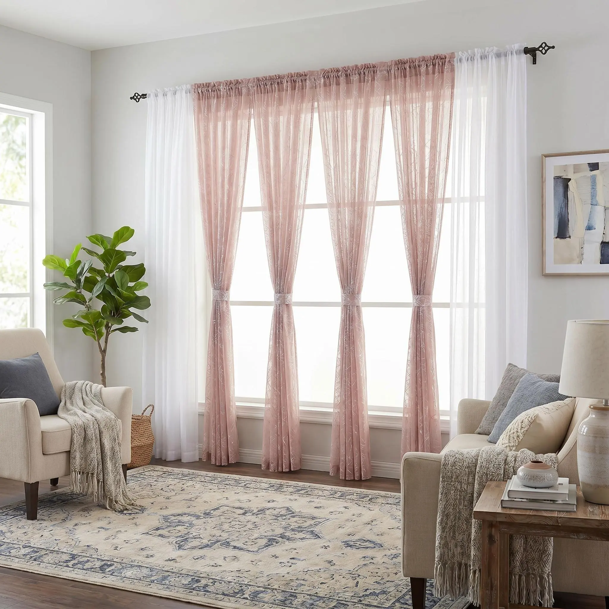 6-Panel Durable Dustproof Breathable Rod Pocket Window Drapes Set (52"x84") - 4 Foil Silver Metallic Sheers, 2 Linen Texture Chenille Semi-Sheers, for Bedroom & Living Room (FT5001 L39)