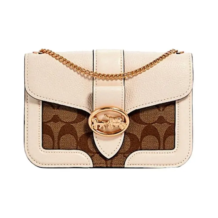 COACH Georgie 19 Saddle Bag for Women – Cream and Brown Monogram Coated Canvas with Leather Trim
