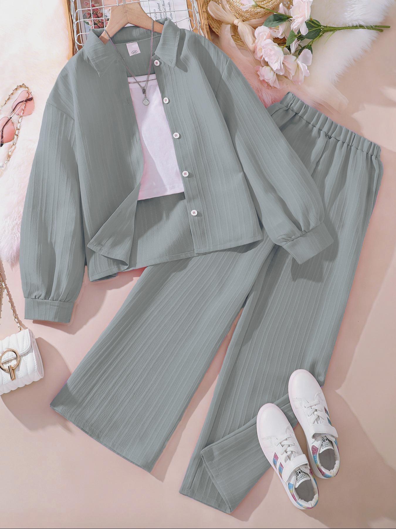 Two-piece Set Girl's Solid Color / Bow Pattern Shirt & Pants Set, Suits, Casual Long Sleeve Collared Top & Trousers for Spring & Fall, Kids Clothes for Daily Wear