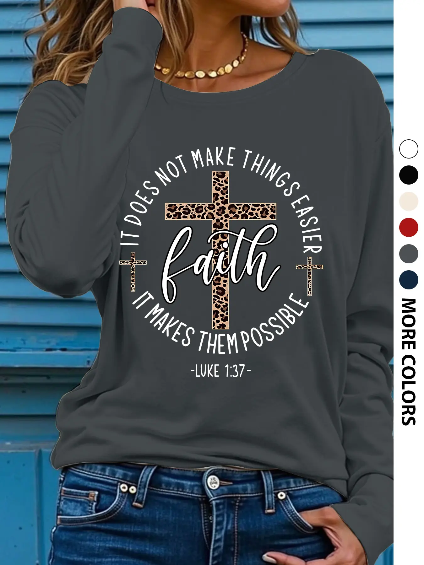 Women's Cross Christmas Gift Print Round Neck T-Shirt, Casual Long Sleeve Top, Soft Fabric, All Season Wear