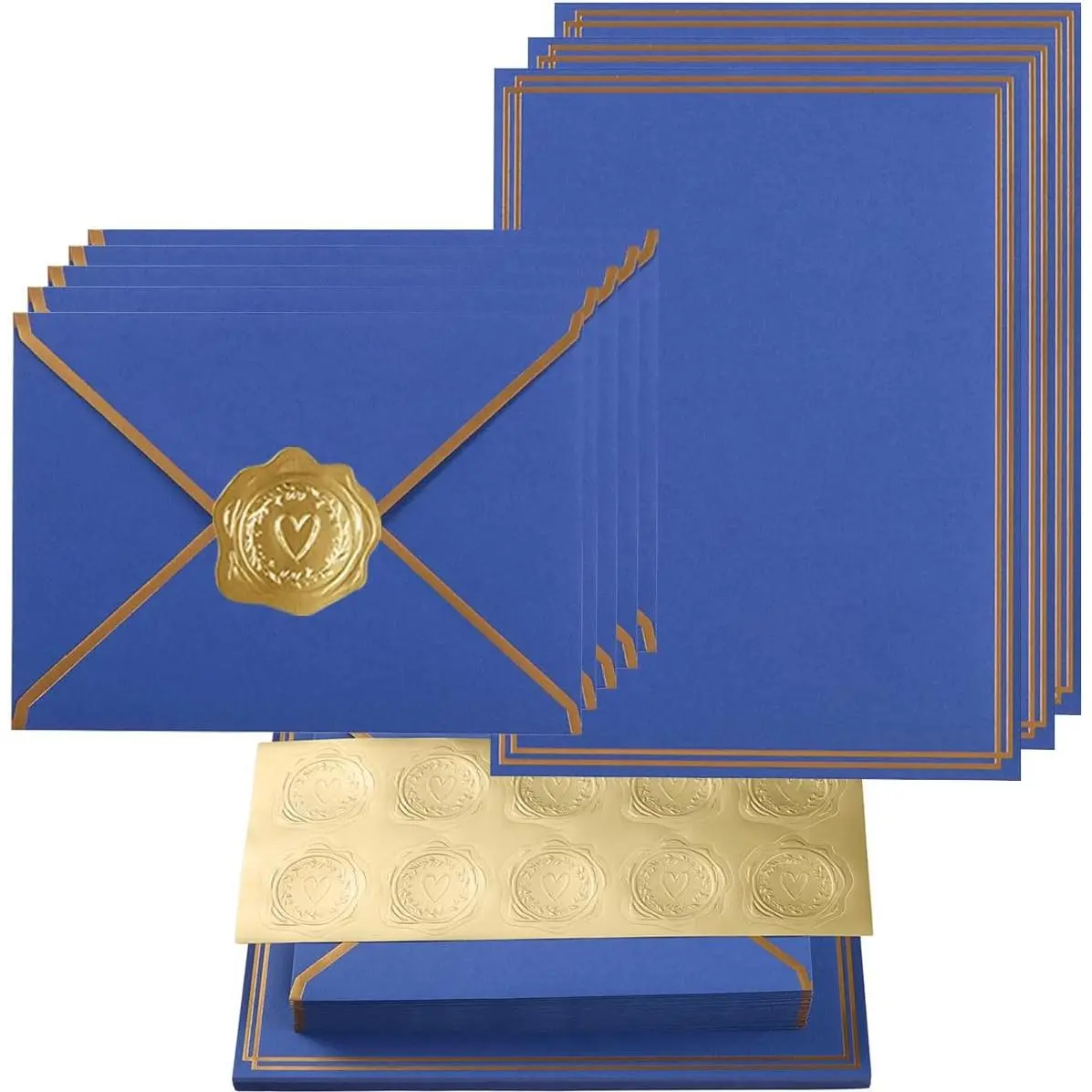 50-Pack Office Stationery Set with Letters Greeting Card & Invitation Envelopes, Blue, 6x8 Inches Bordered Paper Sheets, 4.75x6.5 Inches A6 Envelopes & Decorative Stickers