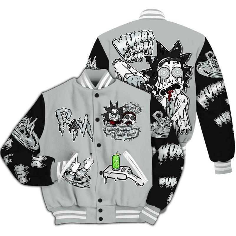 Varsity Jacket to Match Black Wolf Grey 12s – Wubba Rick Drip All-Over Print Streetwear Varsity Jacket, Unisex Sneaker Match Outfit