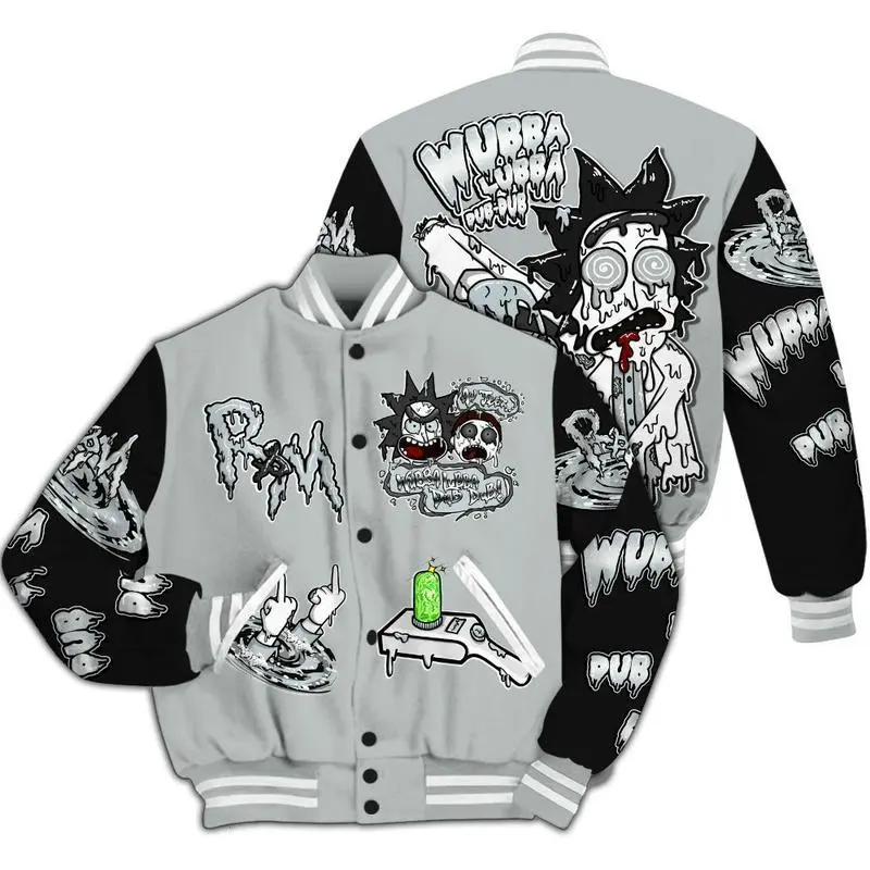 Varsity Jacket to Match Black Wolf Grey 12s – Wubba Rick Drip All-Over Print Streetwear Varsity Jacket, Unisex Sneaker Match Outfit