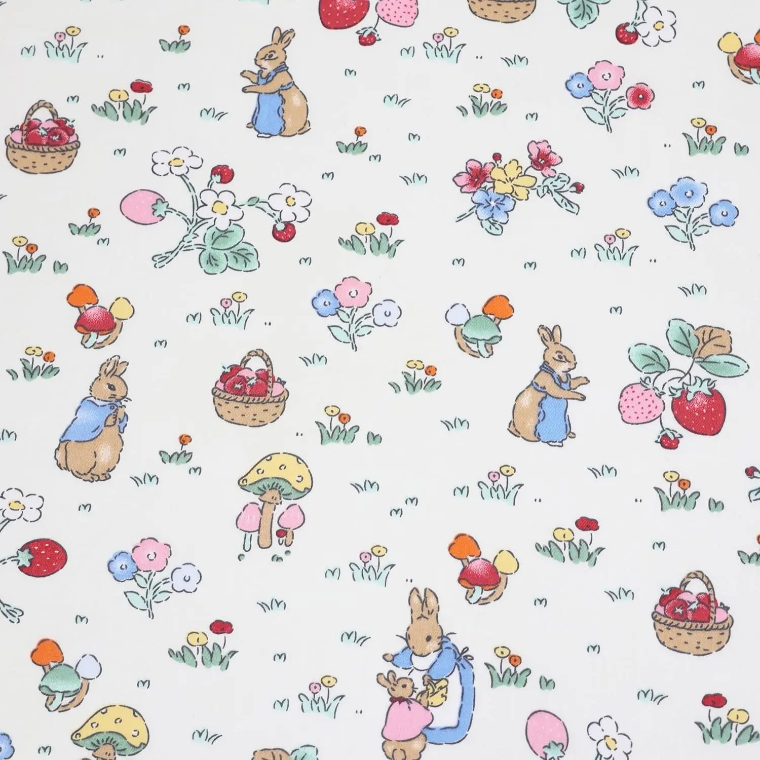 Forest Garden Mushroom Strawberry Rabbit Floral Print Cotton Quilting Fabric By The Yard for Quilting, Sewing, Patchwork, Pet, Crafts, Apparel, Baby Dresses, and Quilts, Pre-cuts 2 Yards