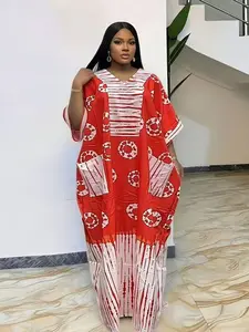 African Style Fashion Dress Summer Loose Plus Size Print Chest Patch Ethnic Boubou Kaftan Long Robe Daily Travel Party V Neck Short Sleeve with Pockets and Scarf Casual Wear