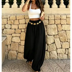 Women Summer Solid Color Elastic Waist Loose Lantern Long Pants, Lightweight Breathable Casual Trousers, Soft Relaxed Bottoms for Daily Commute Brunch Street Outfits