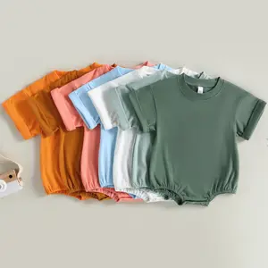 Meihuida Unisex Baby Boy Girl Solid Color Short Sleeve Bubble Romper Oversized T-Shirt Romper Bodysuit Top Summer Clothes
