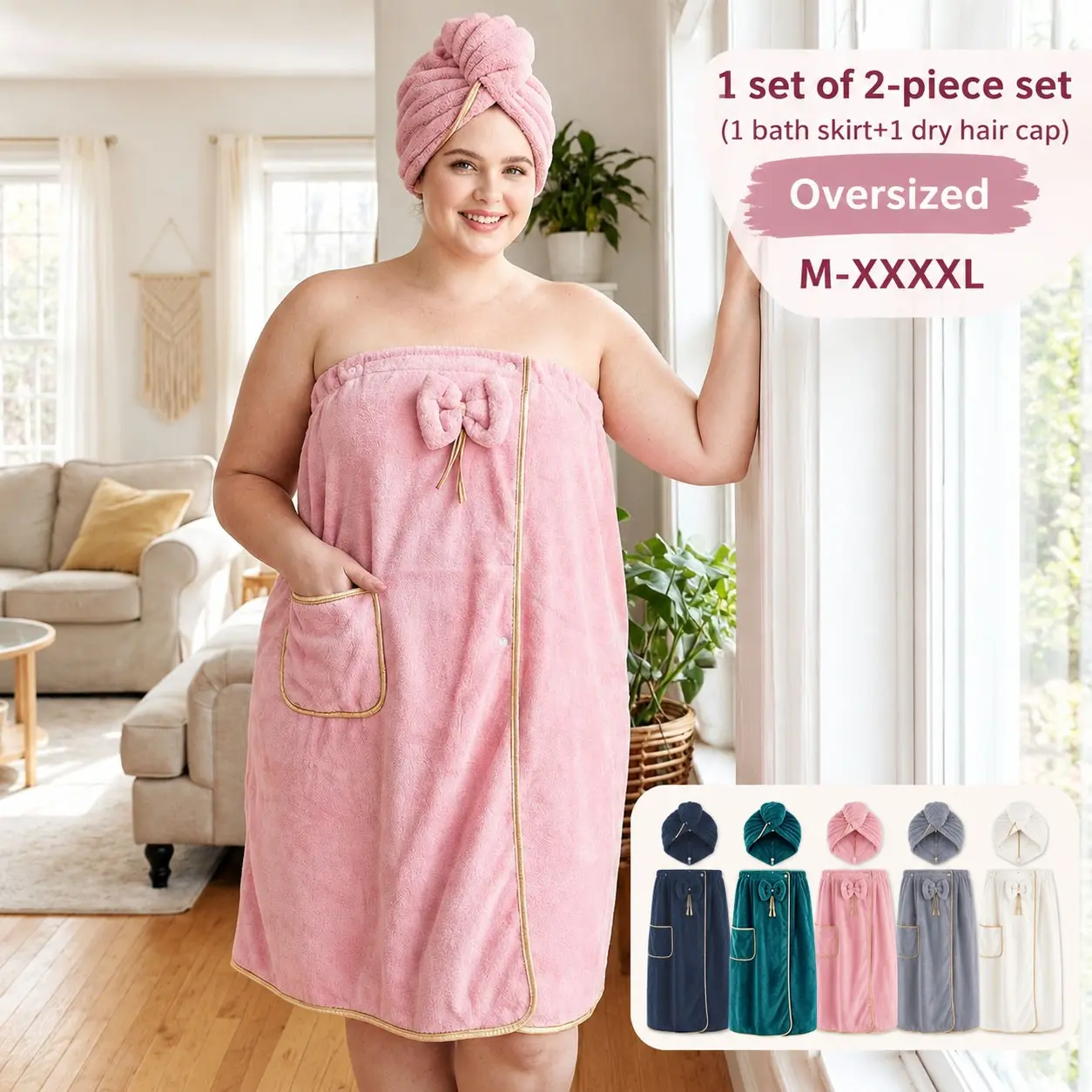 2-Piece Plus Size Bath Wrap Set (1 Plus Size Bath Wrap + 1 Hair Turban). Adjustable women’s solid color bath wrap with pocket, bow decoration and gold trim. Soft & water-absorbent bath robe, ideal for bathroom, sauna, hotel stays and outdoor travel.