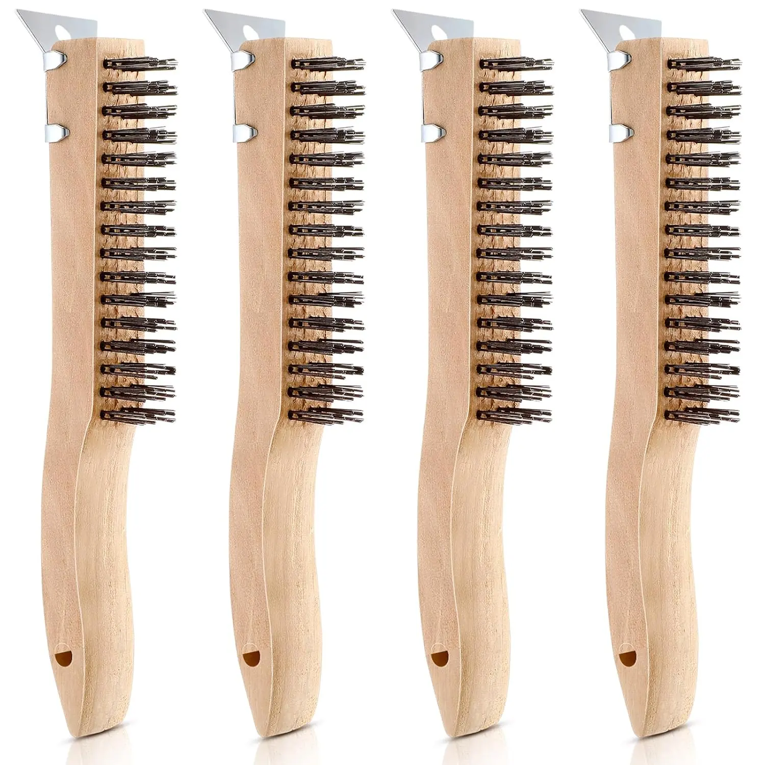 4 count Stainless Steel Wire Scratch Brush with Metal Scraper for Cleaning 11 Inch Wooden Handle Steel Brush Heavy Duty Stiff Bristle  for Rust Weld Slag  Scrubbing