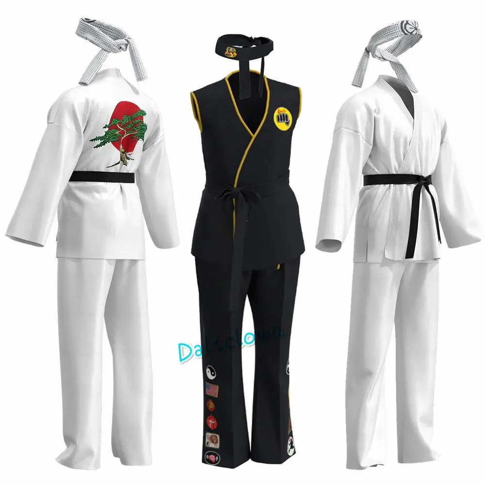 Men's Multi-Size KOF Cobra Kai Karate Cosplay Set - Black-White Kimono Uniform, Headband, Tracksuit for Kids Adults Halloween Anime Party