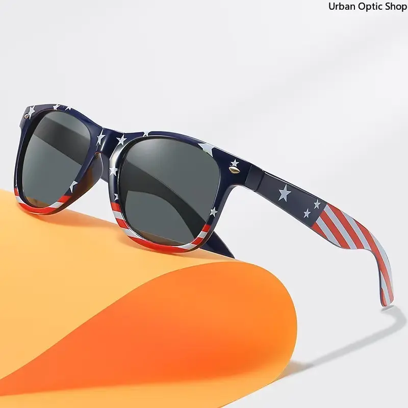 XUH American Flag Print Wayfarer Sunglasses for Men - UV400 Grey Lens USA Patriotic Stars & Stripes Square Shades, Beachy, Dark-Lensed, Sun-Proof, for Independence Day Outdoor Use, Beachy Men's Sunglasses, Dark-Lensed Men's Sunglasses