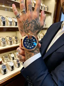 Luxury Large Dial Men's Watch, Business Gold Metal Case, Fashion Matte Deep Blue Face, Trendy Leather Strap, Premium Gift Box