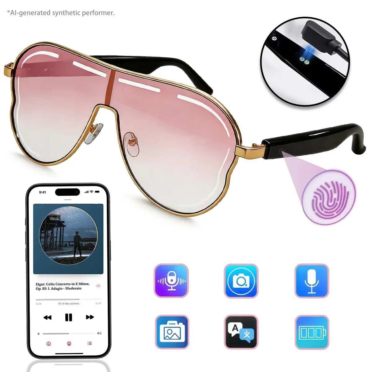 AI Smart Glasses for Women with AI Translation, Multifunctional Audio Sunglasses, Aviator Pink Sunglasses with Magnetic Charging & Travel Case, Bluetooth Audio Glasses with Remote Camera Shutter, Vacation Road Trip Casual Daily Wear