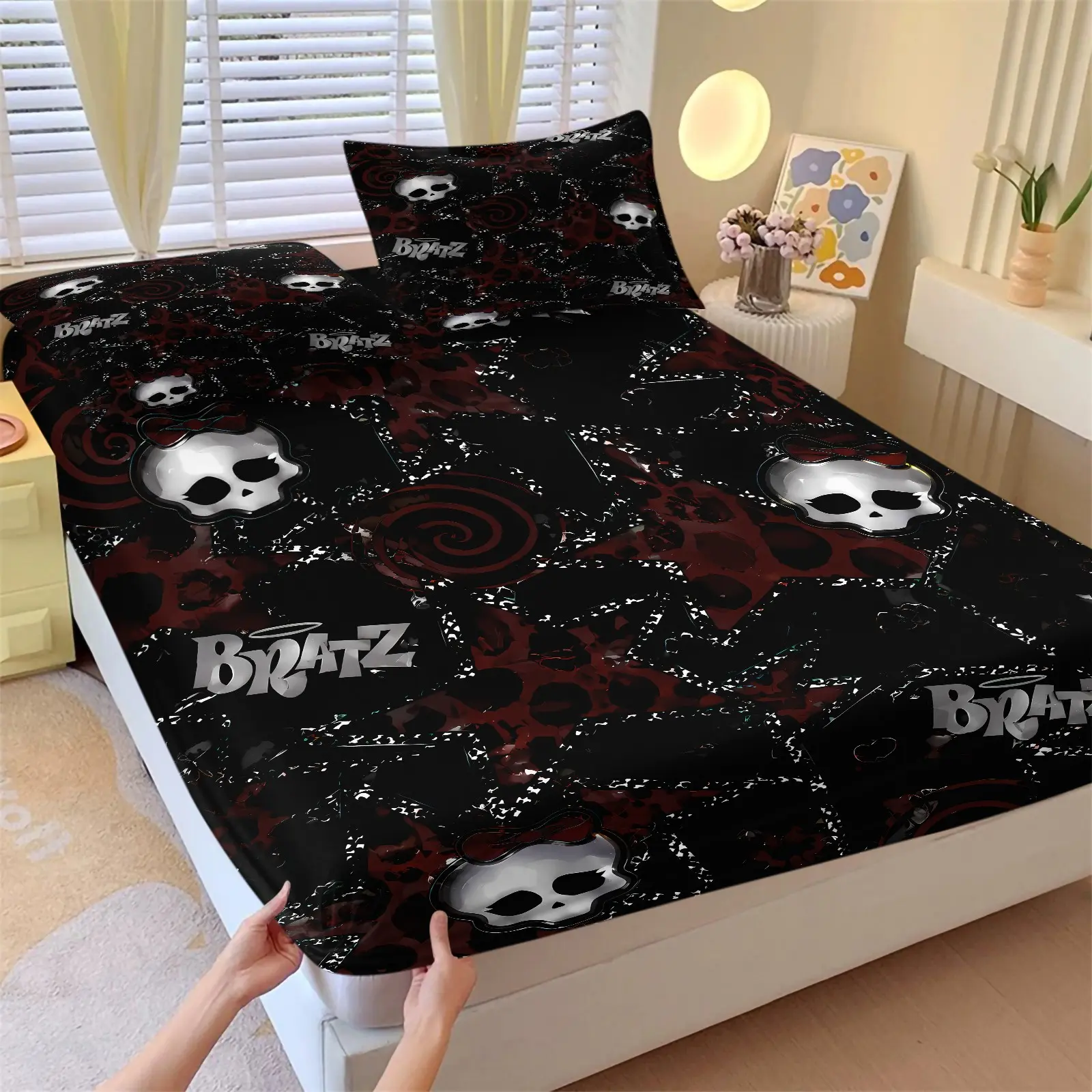 Millennial Skull Black Red Glitter Fitted Sheet Set, 1 Bed Sheet + 2 Pillowcases, Bow Skull & Spiral Pattern Print, Comfortable Deep Pocket Design, Y2K Dark Sweet Style Youth Bedroom Halloween Theme Room Decor