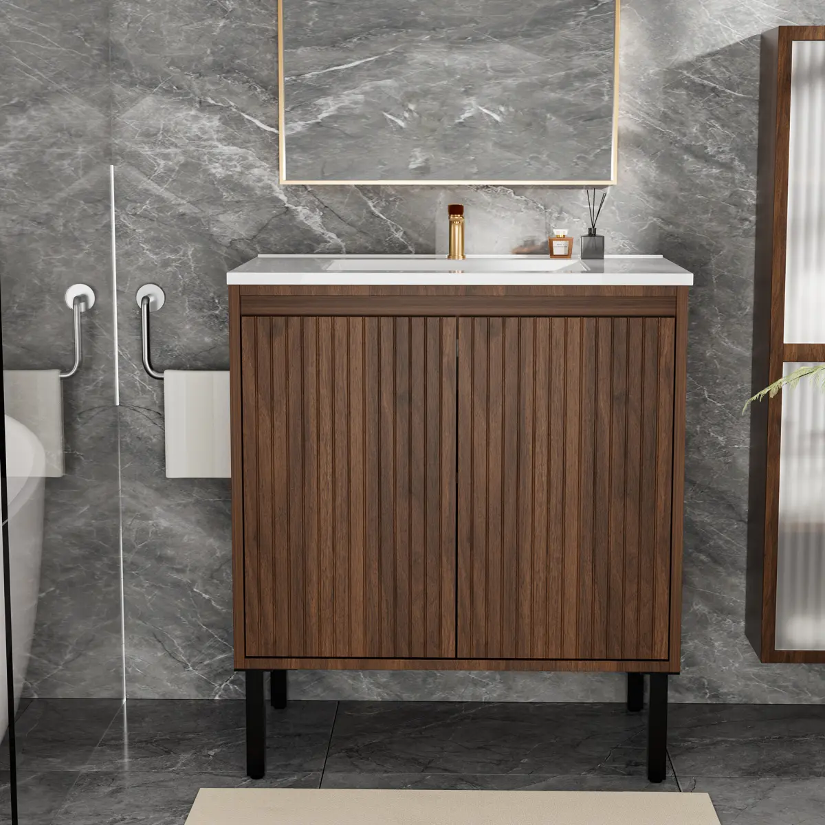 30-Inch Sturdy Floor-Standing Bathroom Vanity with Sink (White Sink) - 2-in-1 Design, Moisture Resistant, Soft-Closing Doors, Sleek Oak Finish, Assembly Required, Modern Aesthetic, Stable Structure, Noiseless Operation, Storage