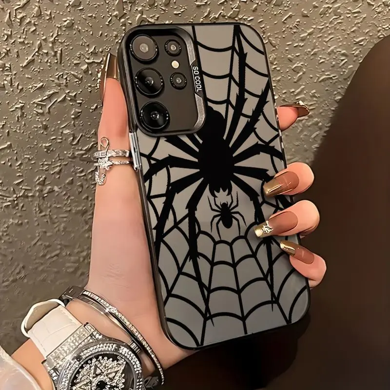 TPU Spider Web Design Text Shockproof Phone Case - Black Cover with Camera Protection for Samsung S21-S25 Series, A15, A13, A55, A54, A35 Smartphones, Accessories