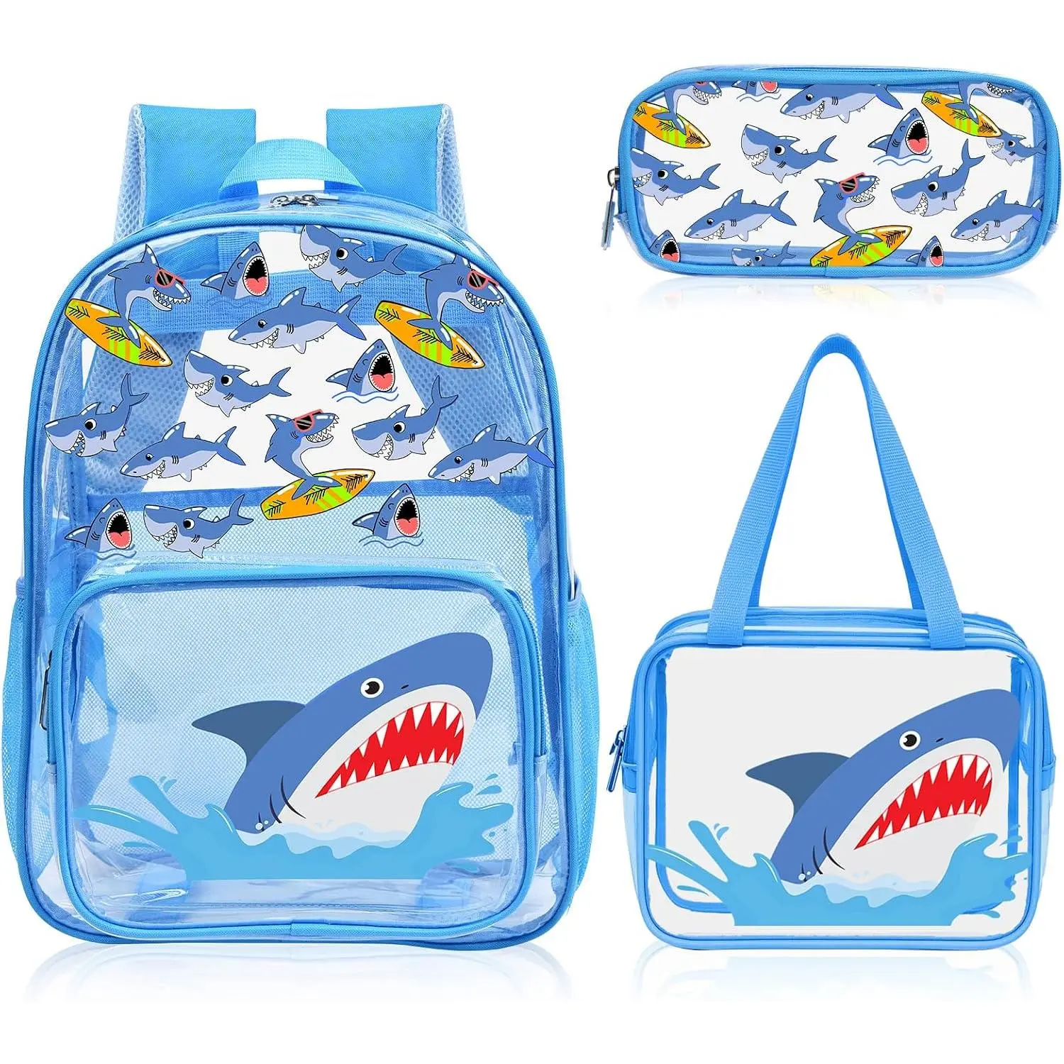 3 count Clear Blue Backpack for School -  Cartoon  Clear Backpacks for Boys and Girls, Heavy Duty Transparent Bookbag with Lunch Bag and Pencil Case - See Through PVC Transparent Bookbag