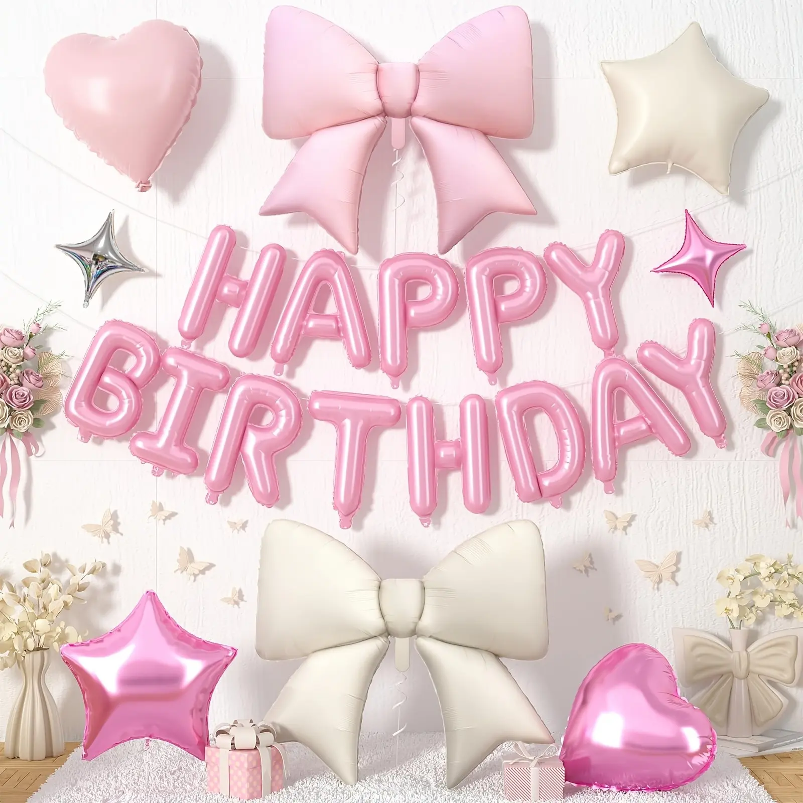Cream Bow Birthday Decoration, 3D Aluminum Letter Banner Balloon, Star Heart Foil Paper, 38 Inch Helium Bow Foil Balloon for Women's Party