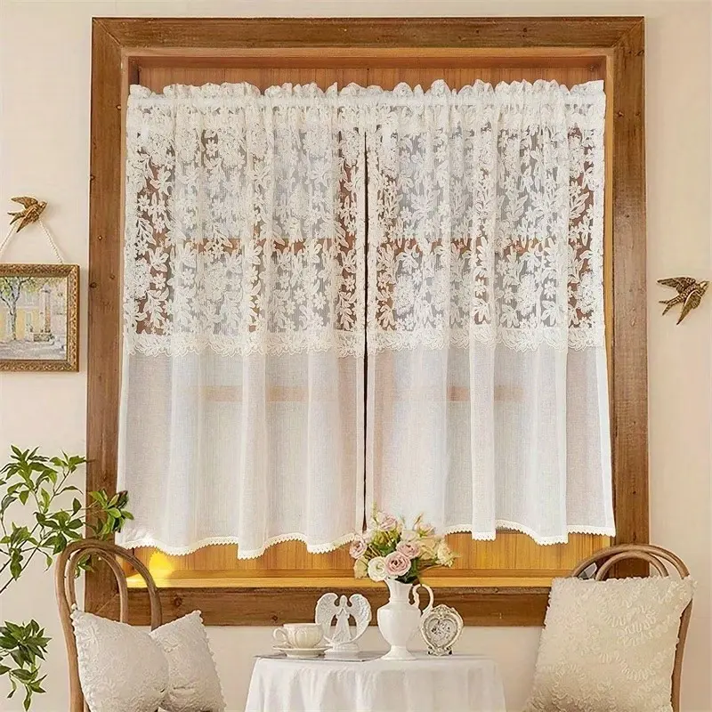 1pc French Romantic Lace Embroidered Sheer Curtain Window Curtains, Soft Heavy Insulated Drapes, Washable, Boho Style, for Living Room, Kitchen, Balcony