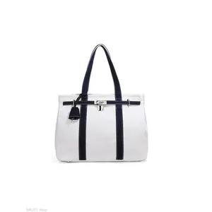Fashion Canvas Tote Bag for Women, Large Capacity Color Block Shoulder Bag, Casual Lock Closure Handbag, Elegant Commuter Tote Purse, Versatile Travel Shopping Work Bag, Minimalist Canvas Carryall, Everyday Shoulder Bag, Chic Street Style Tote