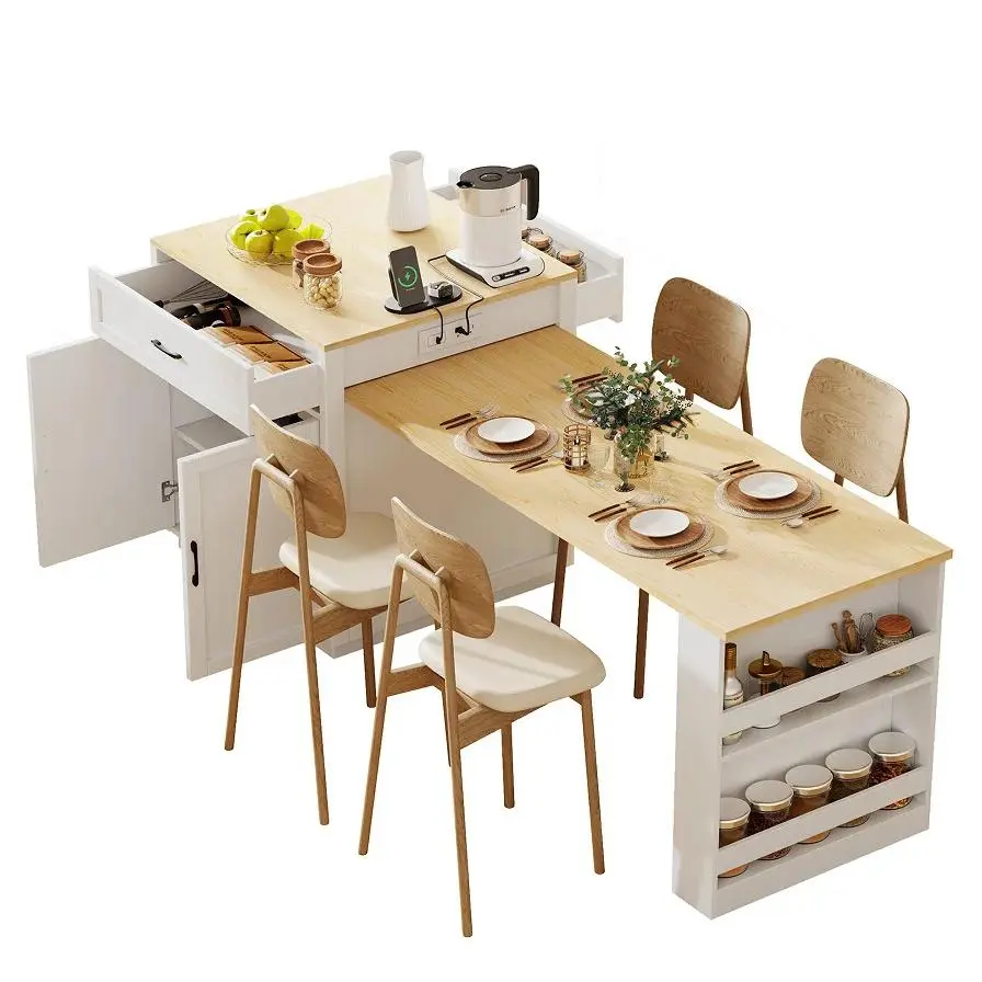 Solid Wood Extendable Kitchen Island Dining Table - Eco-Friendly, Double-Sided Storage, 2 Drawers, Side Shelves, 1 Type-C Port, 2 AC Outlets, Adjustable Indoor Furniture Set, Wheels, Dining Tables, Supports 2-6 Ppl