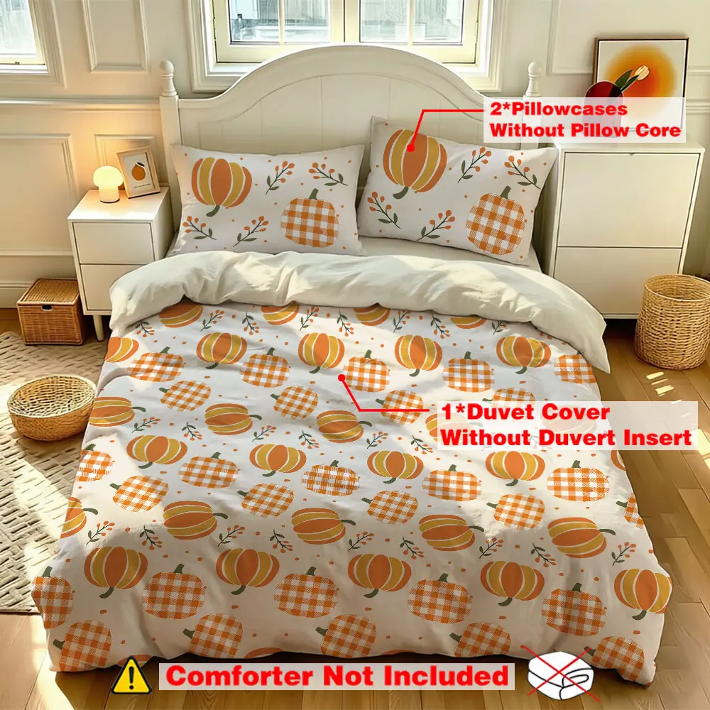 A three-piece set (one bedspread + two pillowcases, without a filling) with a pumpkin plaid pattern and an autumn theme. This soft and comfortable bedding set is suitable for use in all rooms and throughout the year. It's a perfect addition to any