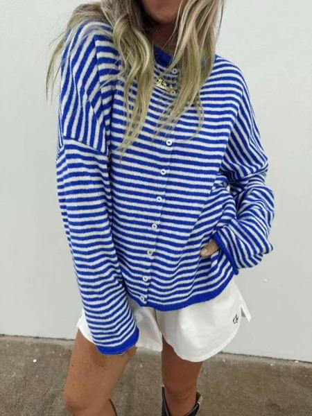Elegant Knitted Cardigan for Fall & Winter, Unique Design Colorblock Striped Sweater, Long Sleeve Casual Fashion Knitwear