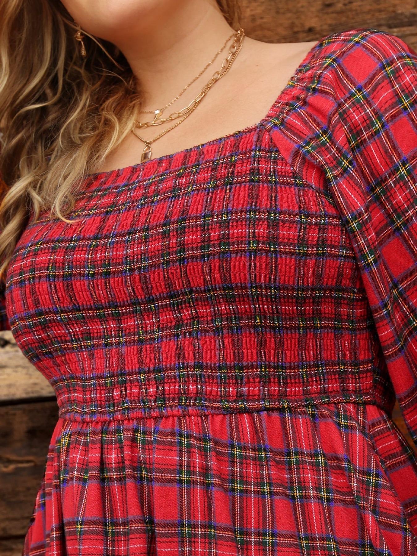 Christmas Plus Size Plaid Long Sleeve Dress for Women, Casual Loose-Fitting A-Line Dress, Fall & Winter Fashion, Comfortable Daily Wear, Boho Fashion Dress