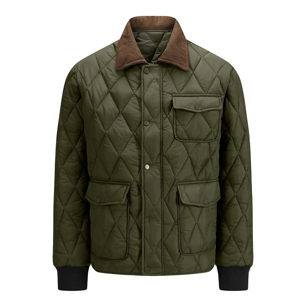 Menswear Long Sleeve Plain Foldable Diamond Quilted Light Padded Jacket - Men's Tops with Corduroy Collar, Snap Buttons, Multi-Flap Pockets, Rib Cuffs, Windproof Vintage Thermal Outerwear for Spring Autumn Daily Wear, Lightweight Coat