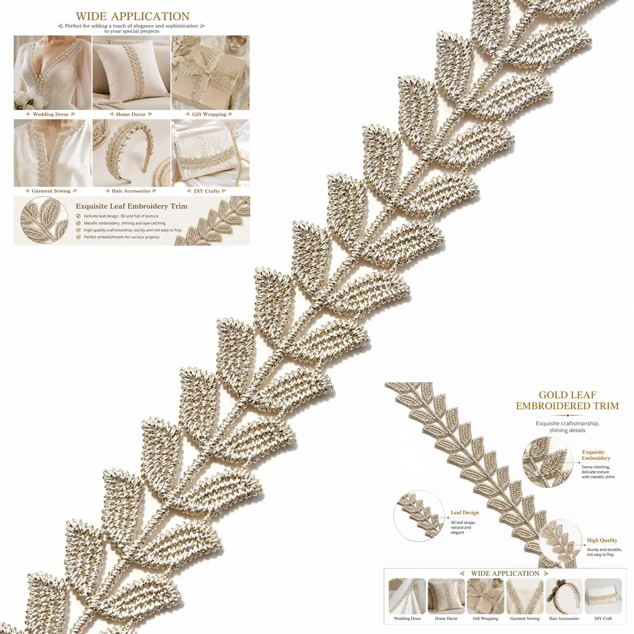 Gold Leaves Lace Trim, 1/3/5 Yards Lace Edge Trim Ribbon Embroidered Lace Trim Lace Edge Trim Lace Ribbon