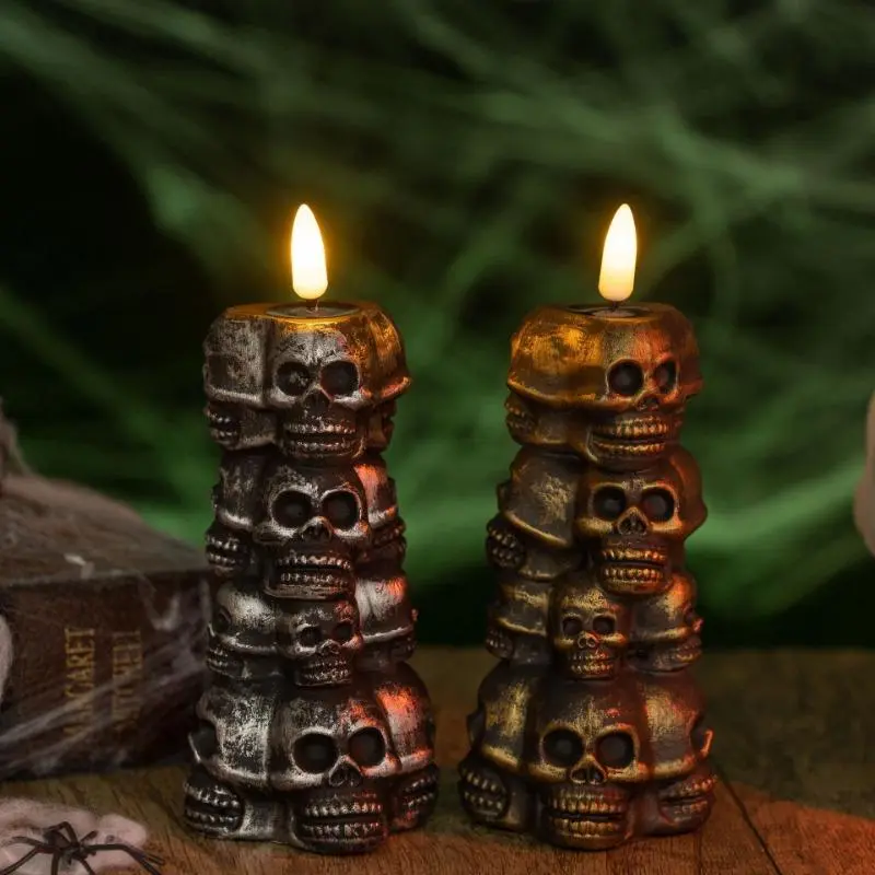 Spooky Standing Antique Flameless Skeleton Skull Figural Real Wax Pillar LED Candle, Single Moving Flickering Natural Glow Light, 5"x2.4" Unscented Skull Pile (Bronze) Festive Decor Prop