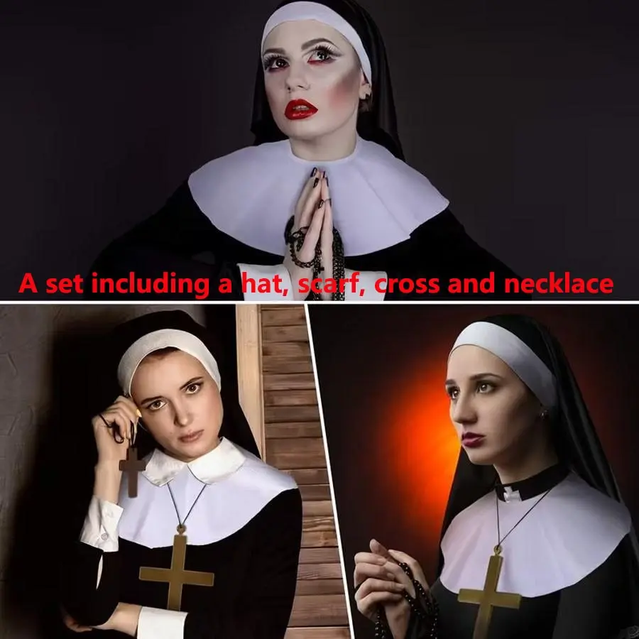 3-piece Halloween nun set - includes a hat, collar, and cross pendant necklace. Perfect for Halloween and carnival-themed parties. A great gift for family members.