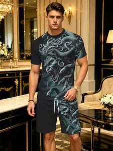 Men's 3D Digital Print Set, Base Greenish Medusa Snake Giant Python Pattern, Casual Fitted Short Sleeve Top and Shorts, All Seasons
