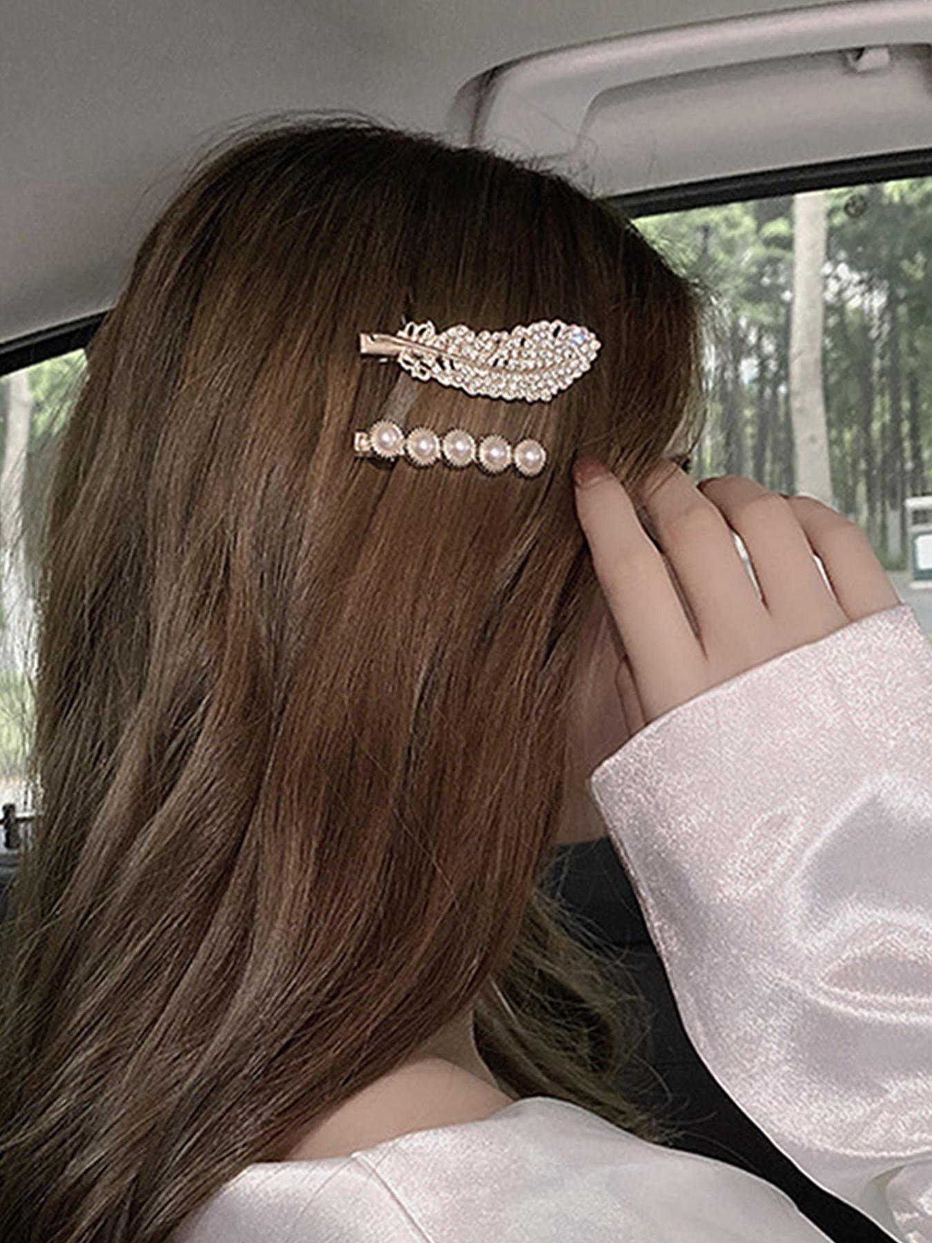 Faux Pearl and Feather Hair Clips Set for Women and Girls, Cute Bear Flower Scissors Design, Side Bang Fixed Hair Clips, Elegant and Fashionable Versatile Hair Accessories for Daily