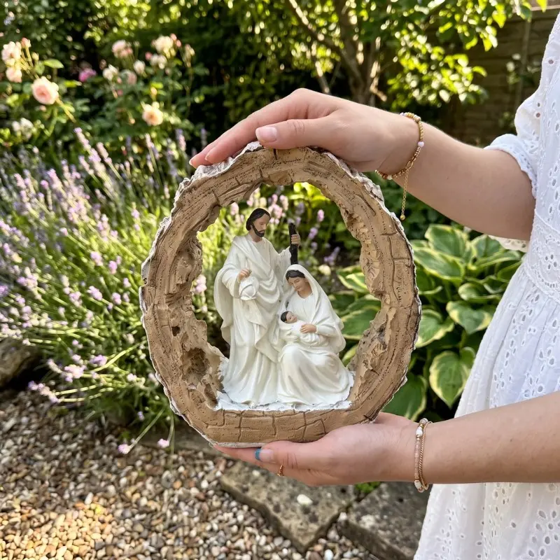 Rustic Nativity Scene Statue for Home Decor, 7.87" Holy Family Figurine In Faux Wood Bark Frame, Modern Farmhouse Religious Tabletop Centerpiece, Everyday Christian Grace Shelf Sitter Gift