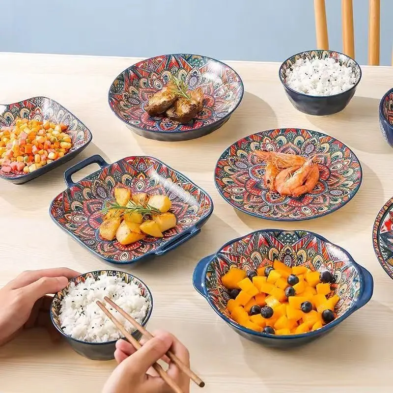 7-Piece Bohemian Style Ceramic Tableware Set with Bowls and Plates, Vintage Print Dinnerware Safe for Microwave and Dishwasher