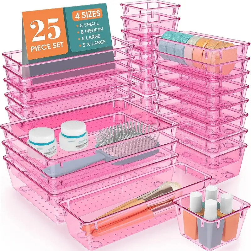 25 PCS Plastic Drawer Organizer Set, 4 Sizes Desk Drawer Divider Organizers and Storage Bins for Makeup, Jewelry, Gadgets for Kitchen, Bedroom, Bathroom, Office, Clear Pink-L